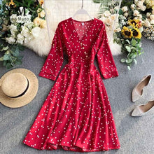 Load image into Gallery viewer, YuooMuoo Vintage Autumn V Neck Polka Dot Print Dress Women Elegant A Line Midi Dress Korean Fashion Long Sleeve Dress Vestido