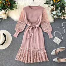 Load image into Gallery viewer, YuooMuoo Romantic Lace Crochet Knitted Pink Party Dress 2019 Autumn Winter Elegant Long Sleeve Sashes Bandage Dress Ladies Dress