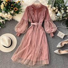 Load image into Gallery viewer, YuooMuoo Romantic Women Lace Pink Party Dress 2019 Autumn Winter Elegant Long Lantern Sleeve Gothic Dress Vintage A Line Midi Dress Sashes