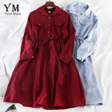 Load image into Gallery viewer, YuooMuoo Vintage Pockets Design Women Shirt Dress 2019 Autumn Winter Drawstring A Line Midi Dress Elegant Ladies Office Dresses