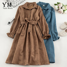 Load image into Gallery viewer, YuooMuoo Autumn Dress Women Turn Down Collar Long Flare Sleeve Sashes High Waist Female Dress Solid Vintage Shirt Dress Vestidos