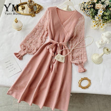 Load image into Gallery viewer, YuooMuoo Romantic Women Knitted Pink Party Dress 2019 Fall Winter V Neck Elegant Chiffon Long Sleeve Sashes Dress Ladies Dress