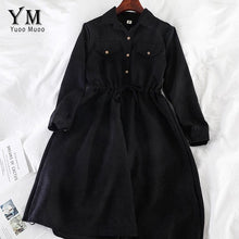 Load image into Gallery viewer, YuooMuoo Vintage Pockets Design Women Shirt Dress 2019 Autumn Winter Drawstring A Line Midi Dress Elegant Ladies Office Dresses