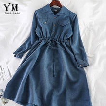 Load image into Gallery viewer, YuooMuoo Vintage Pockets Design Women Shirt Dress 2019 Autumn Winter Drawstring A Line Midi Dress Elegant Ladies Office Dresses