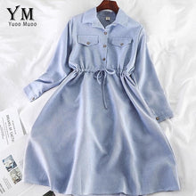 Load image into Gallery viewer, YuooMuoo Vintage Pockets Design Women Shirt Dress 2019 Autumn Winter Drawstring A Line Midi Dress Elegant Ladies Office Dresses