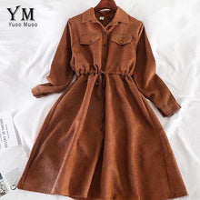 Load image into Gallery viewer, YuooMuoo Vintage Pockets Design Women Shirt Dress 2019 Autumn Winter Drawstring A Line Midi Dress Elegant Ladies Office Dresses