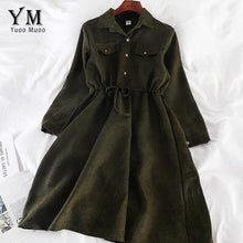 Load image into Gallery viewer, YuooMuoo Vintage Pockets Design Women Shirt Dress 2019 Autumn Winter Drawstring A Line Midi Dress Elegant Ladies Office Dresses