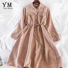 Load image into Gallery viewer, YuooMuoo Vintage Pockets Design Women Shirt Dress 2019 Autumn Winter Drawstring A Line Midi Dress Elegant Ladies Office Dresses