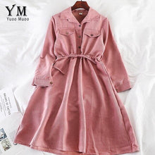 Load image into Gallery viewer, YuooMuoo Vintage Pockets Design Women Shirt Dress 2019 Autumn Winter Drawstring A Line Midi Dress Elegant Ladies Office Dresses