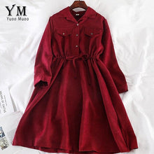Load image into Gallery viewer, YuooMuoo Vintage Pockets Design Women Shirt Dress 2019 Autumn Winter Drawstring A Line Midi Dress Elegant Ladies Office Dresses