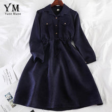 Load image into Gallery viewer, YuooMuoo Vintage Pockets Design Women Shirt Dress 2019 Autumn Winter Drawstring A Line Midi Dress Elegant Ladies Office Dresses
