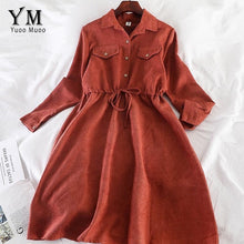 Load image into Gallery viewer, YuooMuoo Vintage Pockets Design Women Shirt Dress 2019 Autumn Winter Drawstring A Line Midi Dress Elegant Ladies Office Dresses