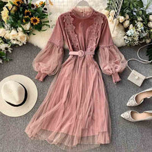 Load image into Gallery viewer, YuooMuoo Romantic Women Lace Pink Party Dress 2019 Autumn Winter Elegant Long Lantern Sleeve Gothic Dress Vintage A Line Midi Dress Sashes