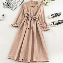 Load image into Gallery viewer, YuooMuoo Autumn Dress Women Turn Down Collar Long Flare Sleeve Sashes High Waist Female Dress Solid Vintage Shirt Dress Vestidos