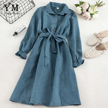 Load image into Gallery viewer, YuooMuoo Autumn Dress Women Turn Down Collar Long Flare Sleeve Sashes High Waist Female Dress Solid Vintage Shirt Dress Vestidos
