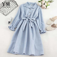 Load image into Gallery viewer, YuooMuoo Autumn Dress Women Turn Down Collar Long Flare Sleeve Sashes High Waist Female Dress Solid Vintage Shirt Dress Vestidos