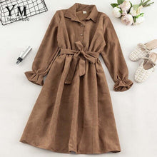 Load image into Gallery viewer, YuooMuoo Autumn Dress Women Turn Down Collar Long Flare Sleeve Sashes High Waist Female Dress Solid Vintage Shirt Dress Vestidos