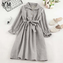 Load image into Gallery viewer, YuooMuoo Autumn Dress Women Turn Down Collar Long Flare Sleeve Sashes High Waist Female Dress Solid Vintage Shirt Dress Vestidos