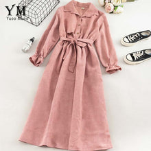 Load image into Gallery viewer, YuooMuoo Autumn Dress Women Turn Down Collar Long Flare Sleeve Sashes High Waist Female Dress Solid Vintage Shirt Dress Vestidos