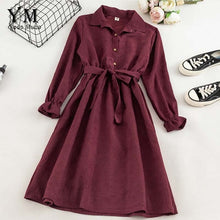 Load image into Gallery viewer, YuooMuoo Autumn Dress Women Turn Down Collar Long Flare Sleeve Sashes High Waist Female Dress Solid Vintage Shirt Dress Vestidos