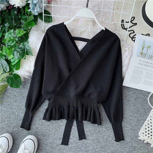 Load image into Gallery viewer, YuooMuoo Elegant V Neck Ruffle Sweater Women Fashion Batwing Sleeve Pullover Jumper Knitted Autumn Sweater Ladies Office Sweater