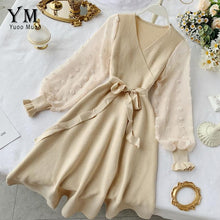 Load image into Gallery viewer, YuooMuoo Romantic Women Knitted Pink Party Dress 2019 Fall Winter V Neck Elegant Chiffon Long Sleeve Sashes Dress Ladies Dress