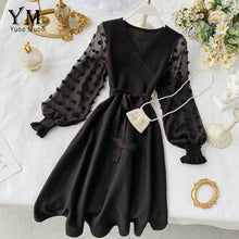 Load image into Gallery viewer, YuooMuoo Romantic Women Knitted Pink Party Dress 2019 Fall Winter V Neck Elegant Chiffon Long Sleeve Sashes Dress Ladies Dress