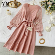 Load image into Gallery viewer, YuooMuoo Romantic Women Knitted Pink Party Dress 2019 Fall Winter V Neck Elegant Chiffon Long Sleeve Sashes Dress Ladies Dress