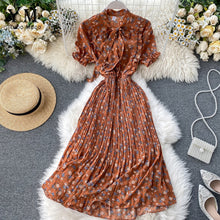 Load image into Gallery viewer, YuooMuoo Women Bow Neck Chiffon Dress Summer Flower Print Pleated Dress Female Short Sleeve Vintage Ruffle Midi Dress Vestidos
