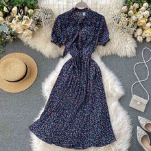 Load image into Gallery viewer, YuooMuoo Women Bow Neck Chiffon Dress Summer Flower Print Pleated Dress Female Short Sleeve Vintage Ruffle Midi Dress Vestidos