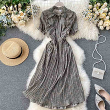 Load image into Gallery viewer, YuooMuoo Women Bow Neck Chiffon Dress Summer Flower Print Pleated Dress Female Short Sleeve Vintage Ruffle Midi Dress Vestidos