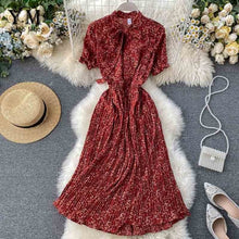 Load image into Gallery viewer, YuooMuoo Women Bow Neck Chiffon Dress Summer Flower Print Pleated Dress Female Short Sleeve Vintage Ruffle Midi Dress Vestidos