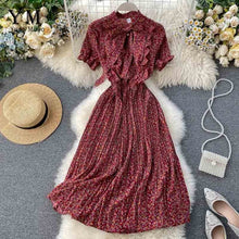Load image into Gallery viewer, YuooMuoo Women Bow Neck Chiffon Dress Summer Flower Print Pleated Dress Female Short Sleeve Vintage Ruffle Midi Dress Vestidos