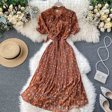 Load image into Gallery viewer, YuooMuoo Women Bow Neck Chiffon Dress Summer Flower Print Pleated Dress Female Short Sleeve Vintage Ruffle Midi Dress Vestidos