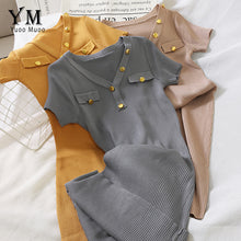 Load image into Gallery viewer, YuooMuoo Elegant Buttons V Neck Knitted Bodycon Dress 2020 Summer Women Basic Korean Black Midi Dress Chic Ladies Office Dresses