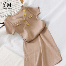 Load image into Gallery viewer, YuooMuoo Elegant Buttons V Neck Knitted Bodycon Dress 2020 Summer Women Basic Korean Black Midi Dress Chic Ladies Office Dresses