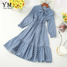Load image into Gallery viewer, YuooMuoo Polka Dot Shirt Dress Bow Bandage Long Sleeve A Line Dress 2019 Autumn Chic Sweet Women Dress Knee-length Vestidos