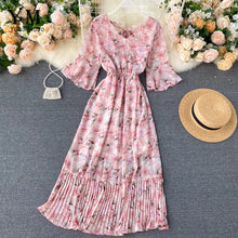 Load image into Gallery viewer, YuooMuoo Romantic Women Chiffon Pink Long Dress 2020 Summer Elegant Floral Print Bohemian Holiday Maxi Dress Beach Pleated Dress