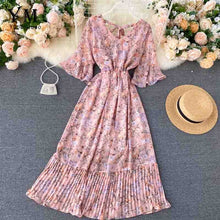 Load image into Gallery viewer, YuooMuoo Romantic Women Chiffon Pink Long Dress 2020 Summer Elegant Floral Print Bohemian Holiday Maxi Dress Beach Pleated Dress