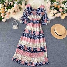 Load image into Gallery viewer, YuooMuoo Romantic Women Chiffon Pink Long Dress 2020 Summer Elegant Floral Print Bohemian Holiday Maxi Dress Beach Pleated Dress