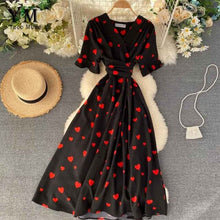 Load image into Gallery viewer, YuooMuoo Romantic Heart Print Summer Dress Women 2020 V Neck Elegant High Waist Long Bandage Dress Ladies Fashion Party Dresses