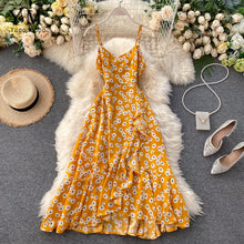 Load image into Gallery viewer, YuooMuoo Women Summer Spaghetti Strap Long Dress Female Ruffled Slim Waist Maxi Dress Flower Print Irregular Holiday Dresses