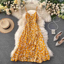 Load image into Gallery viewer, YuooMuoo Women Summer Spaghetti Strap Long Dress Female Ruffled Slim Waist Maxi Dress Flower Print Irregular Holiday Dresses