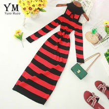 Load image into Gallery viewer, YuooMuoo Autumn Winter Women Turtleneck Sweater Dress Off Shoulder Striped Long Sleeve Ladies Dresses Halter Midi Knitted Dress