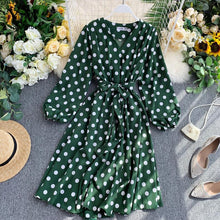 Load image into Gallery viewer, YuooMuoo 2019 Fall Korean Style Women Polka Dot Midi Dress Ins Hot Sashes Vintage Elegant Long Sleeve Green Dress Ladies Dresses