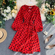 Load image into Gallery viewer, YuooMuoo 2019 Fall Korean Style Women Polka Dot Midi Dress Ins Hot Sashes Vintage Elegant Long Sleeve Green Dress Ladies Dresses