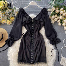 Load image into Gallery viewer, YuooMuoo V Neck Breasted Long Sleeve Bodycon Dress Women White Black Elegant Puff Sleeve Short Dress Spring Autumn Party Dress