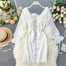 Load image into Gallery viewer, YuooMuoo V Neck Breasted Long Sleeve Bodycon Dress Women White Black Elegant Puff Sleeve Short Dress Spring Autumn Party Dress