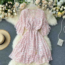 Load image into Gallery viewer, YuooMuoo New Fashion Summer Print Floral Chiffon Dress Women V-neck Flare Sleeve Bohemian Dress Short Beach Wrap Short Dress