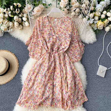 Load image into Gallery viewer, YuooMuoo New Fashion Summer Print Floral Chiffon Dress Women V-neck Flare Sleeve Bohemian Dress Short Beach Wrap Short Dress